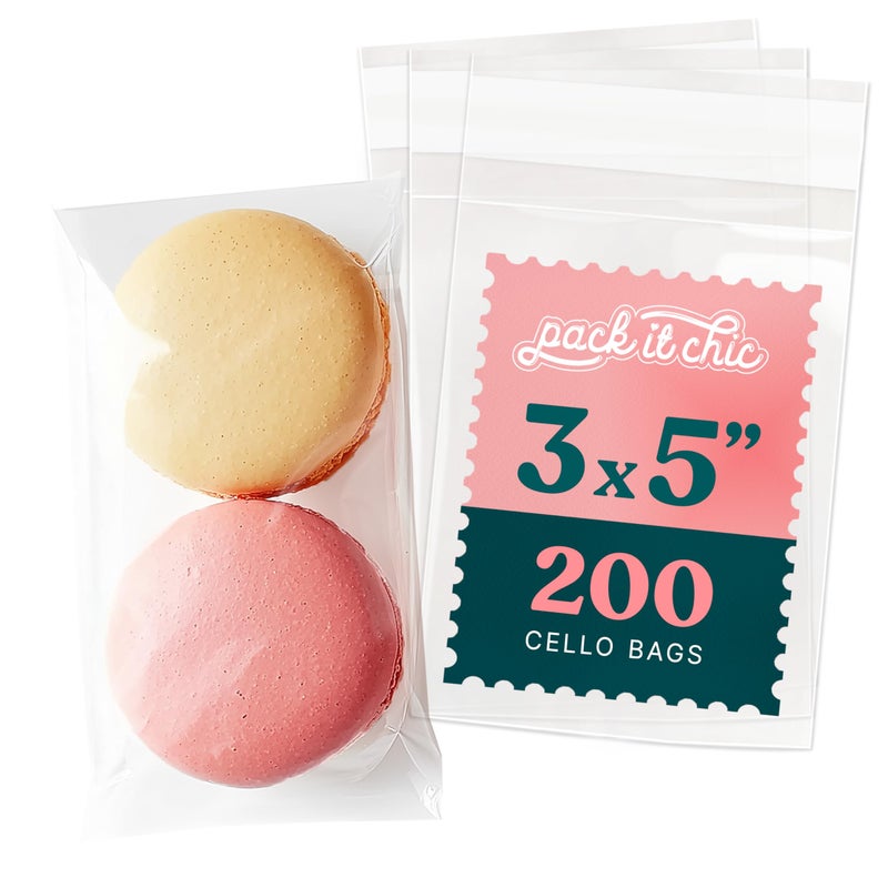 Pack It Chic 3" X 5" Self Sealing Cellophane Bags (200 Pack) - Clear Cookie Bags With Seal for Baked Goods Packaging, Cookie Wrappers, Bakery Packaging, Bake Sale, Candy, Treats, Goodies, Gifts, Party Favors - Image 1